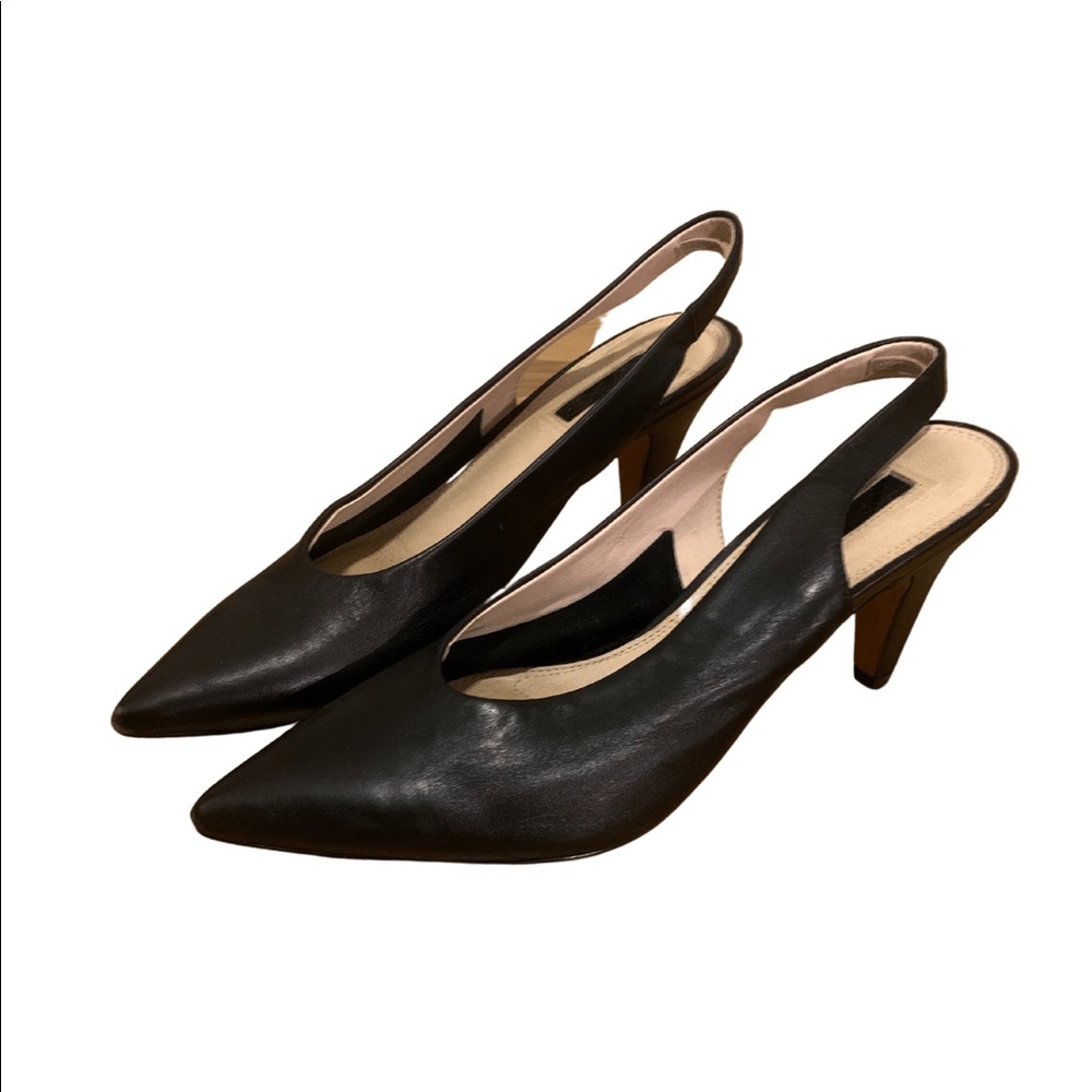 Sling back black leather heels